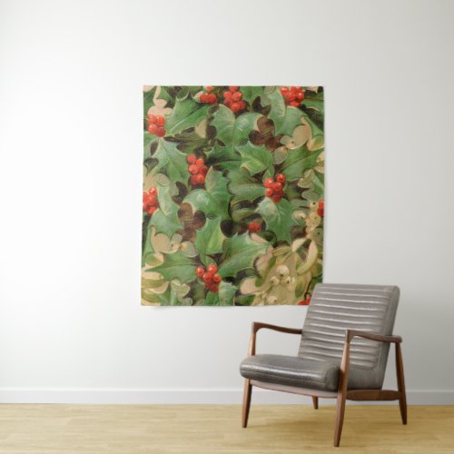 Holly Tree Christmas Holiday Vintage Tapestry
