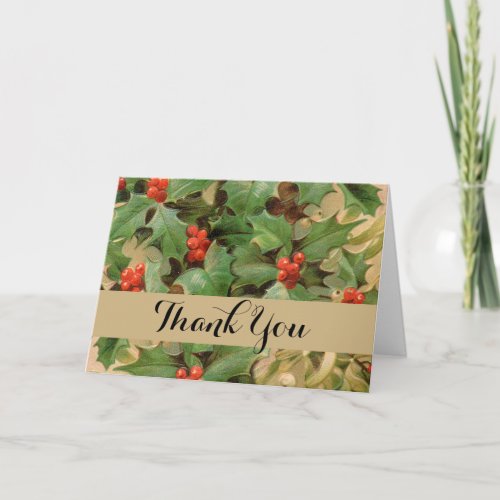 Holly Tree Christmas Holiday Vintage Thank You Card