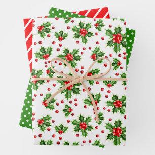 Holly Tree Leaves Berries Polka Dots Patter Wrapping Paper Sheets