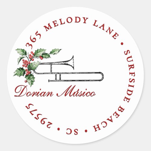 Holly Trombone Music Holiday Christmas Red Address Classic Round Sticker