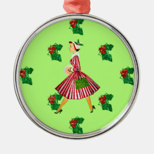 holly vintage christmas lady metal ornament