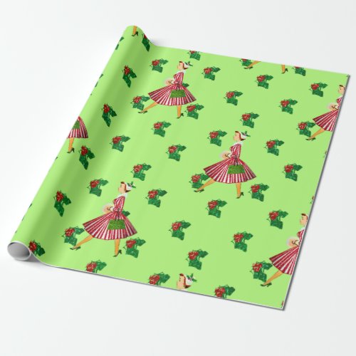 holly vintage christmas lady wrapping paper