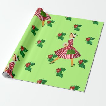 Holly Vintage Christmas Lady Wrapping Paper by funnychristmas at Zazzle