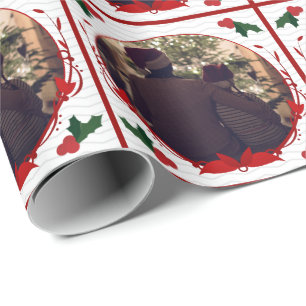 Holly White Red Family Photo Christmas Wrapping Paper