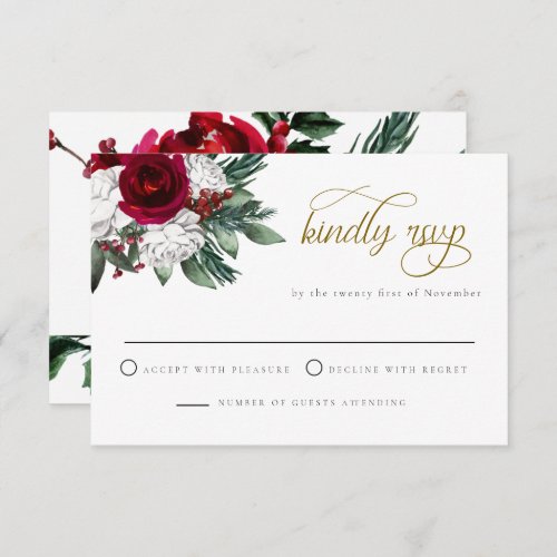 HOLLY Winter Christmas Burgundy Floral RSVP Card