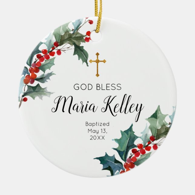 Holly  Winter Floral Personalized Girl Baptism Ceramic Ornament (Front)