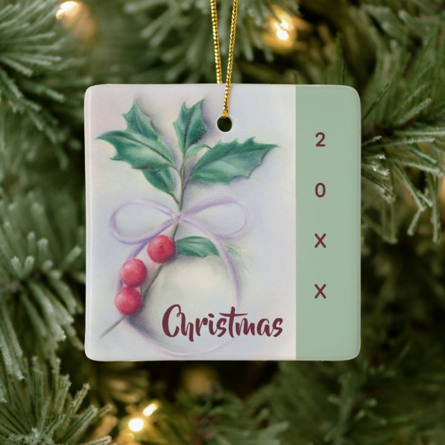 Holly with Bow Pastel Christmas Ceramic Ornament (Tree)