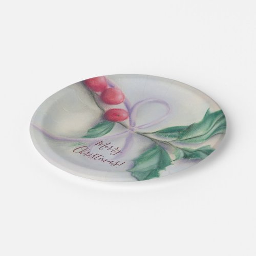 Holly with Bow Pastel Christmas Paper Plates