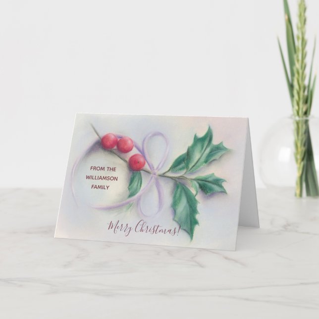 Holly with Bow Pastel Personalized Christmas Holiday Card (Front)