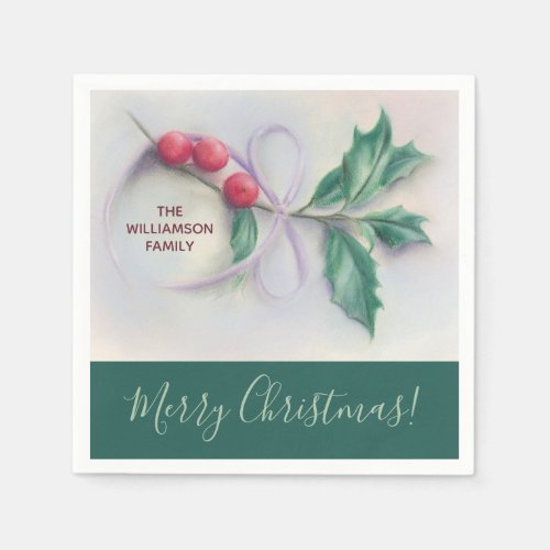 Holly with Bow Pastel Personalized Holiday Paper Napkins