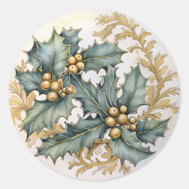 Holly with Gold Embellishments Classic Round Sticker (Front)