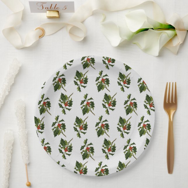Holly with Red Berries on Ivory Texture Paper Plates (Wedding)