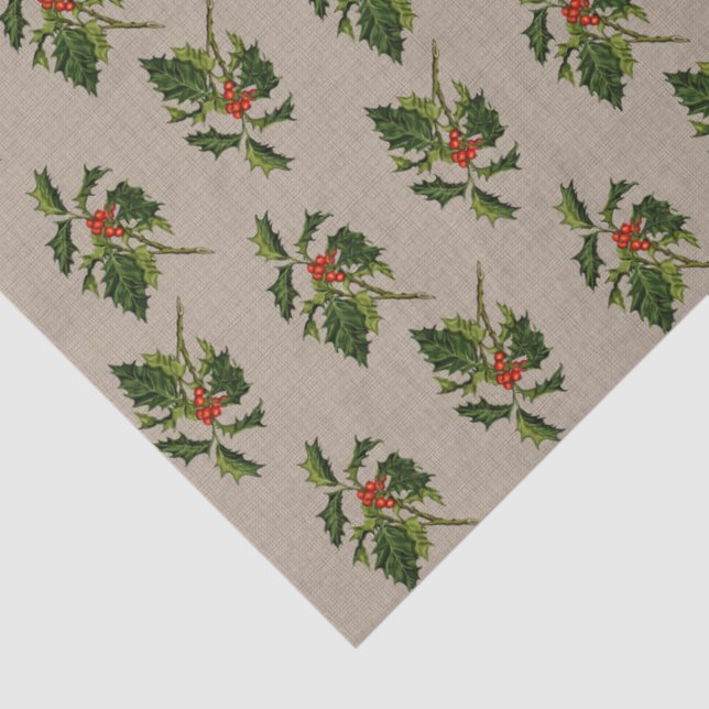 Holly with Red Berries on Natural Background Tissue Paper (Detail)