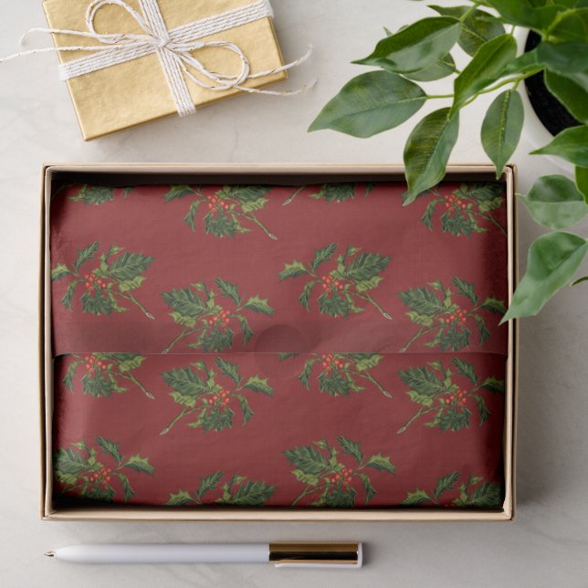 Holly with Red Berries on Textured Background Tissue Paper (Gift)