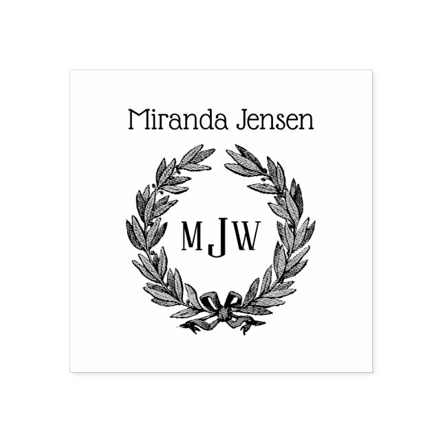 Holly Wreath 3 Initial Monogram Name Rubber Stamp (Imprint)