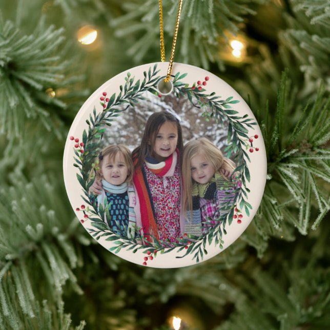 Holly Wreath Add your Own photo Christmas Ceramic Ornament (Tree)