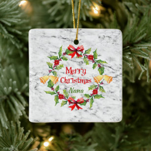 Holly Wreath and Bells On Marble Nana Ceramic Ornament
