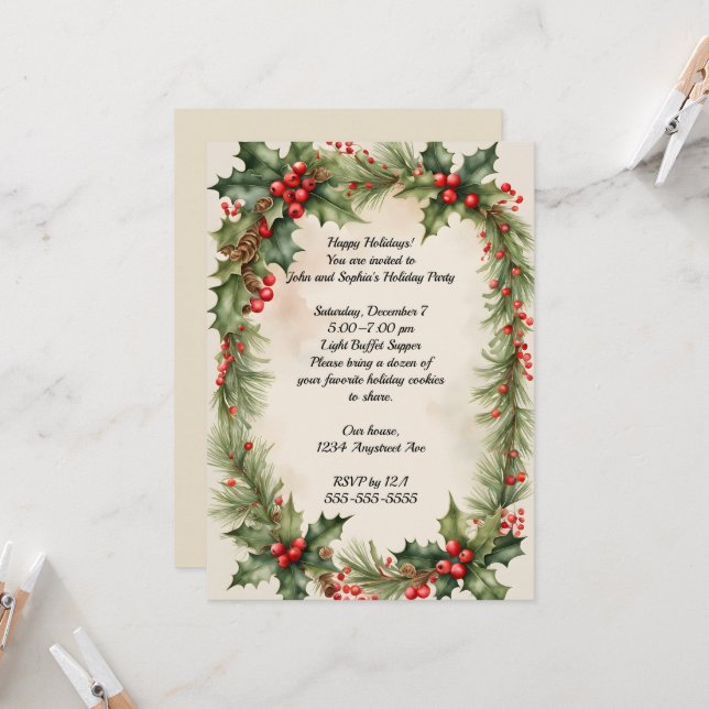 Holly Wreath and Berries Christmas Party Invitation (Front/Back In Situ)