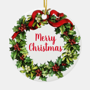 Holly Wreath and Calligraphy Ceramic Ornament