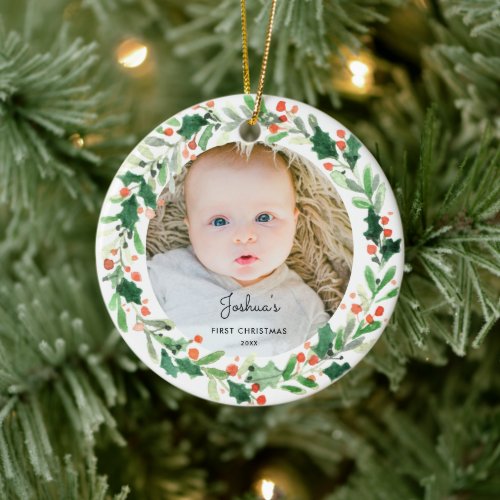 Holly Wreath Baby 1st Christmas Photo Ornament