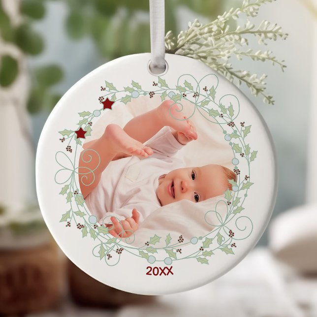 Holly Wreath - Baby Boy First Christmas Photo Ceramic Ornament (Baby's First Christmas keepsake photo ornament)