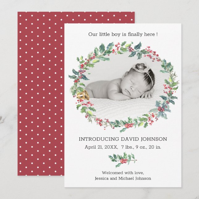 Holly Wreath Baby Boy Holiday Birth Announcement (Front/Back)