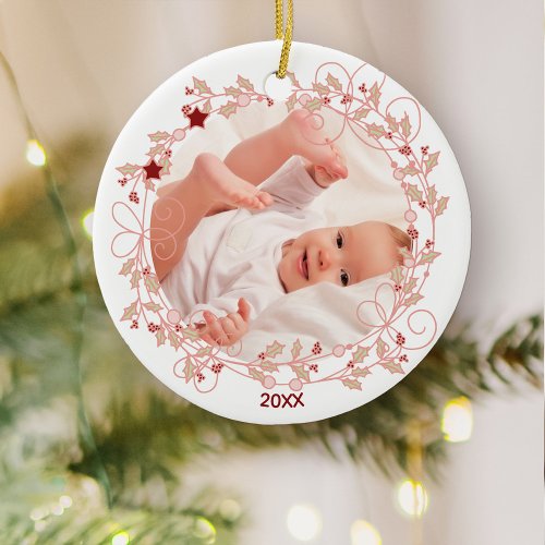 Holly Wreath _ Baby Girl First Christmas Photo Ceramic Ornament