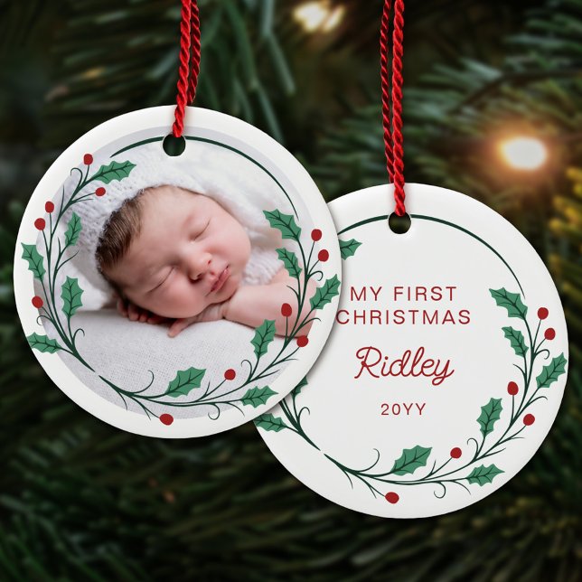 Holly Wreath Baby's First Christmas Round Photo Ceramic Ornament (Creator Uploaded)