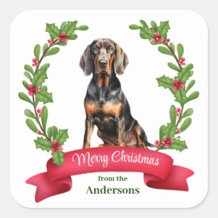 Holly Wreath Black Tan Coonhound Christmas Square Sticker