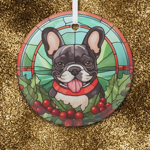 Holly Wreath Black White French Bulldog Glass Ornament