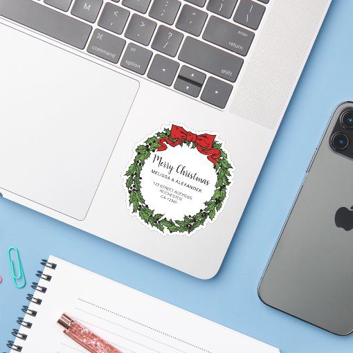 Holly wreath branch Merry Christmas envelope seals Sticker Zazzle