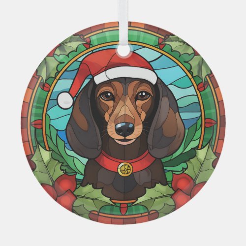 Holly Wreath Brown Dachshund Christmas Glass Ornament