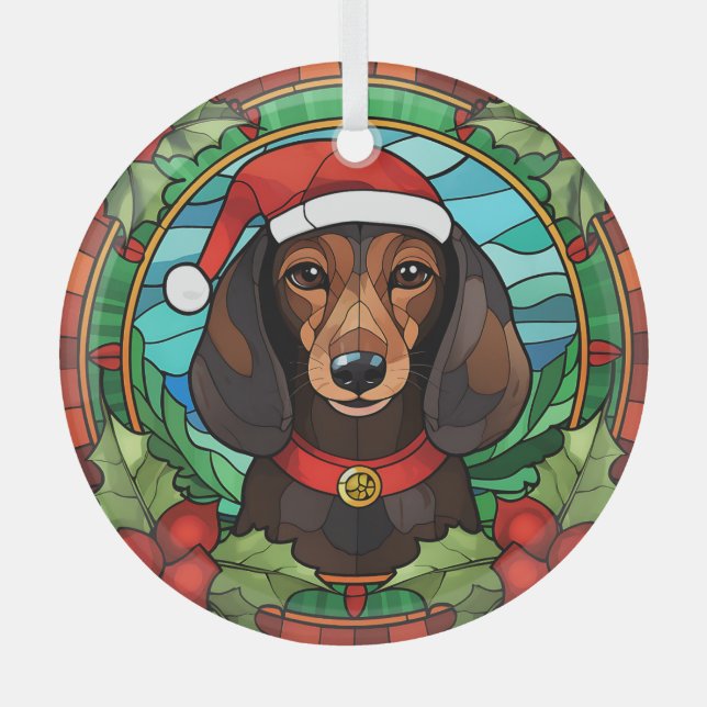 Holly Wreath Brown Dachshund Christmas Glass Ornament (Front)