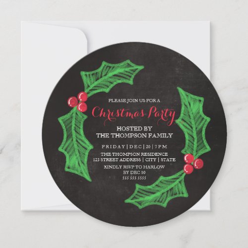 Holly Wreath Chalkboard Christmas Party Card