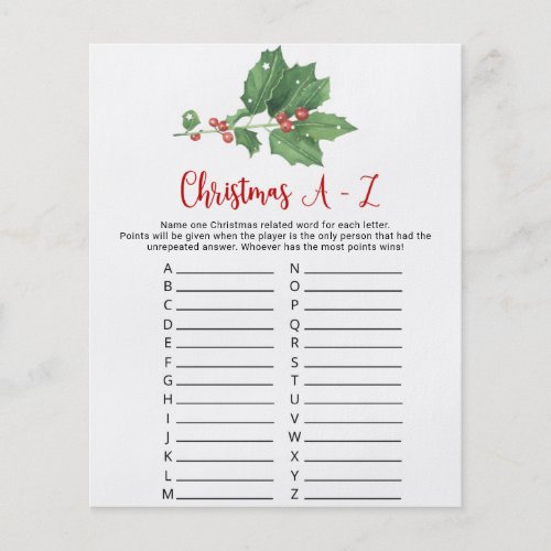 Holly Wreath Christmas A_Z Game Card  Flyer