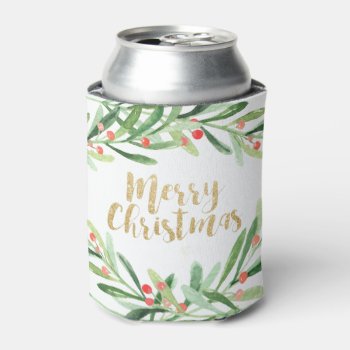 Holly Wreath Christmas Can Cooler by ChristmasPaperCo at Zazzle