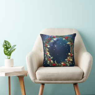 Holly Wreath Christmas Eve Holiday Square Throw Pillow