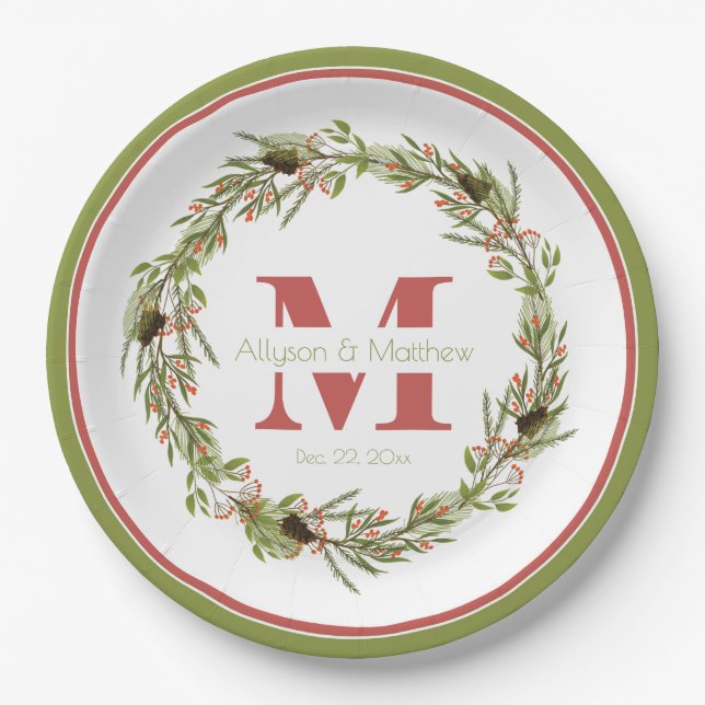 Holly Wreath Christmas | Holiday Wedding Monogram  Paper Plates (Front)