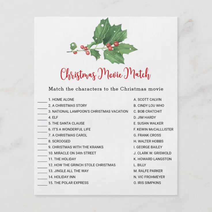 Holly Wreath Christmas Movie Match Game Card Flyer | Zazzle