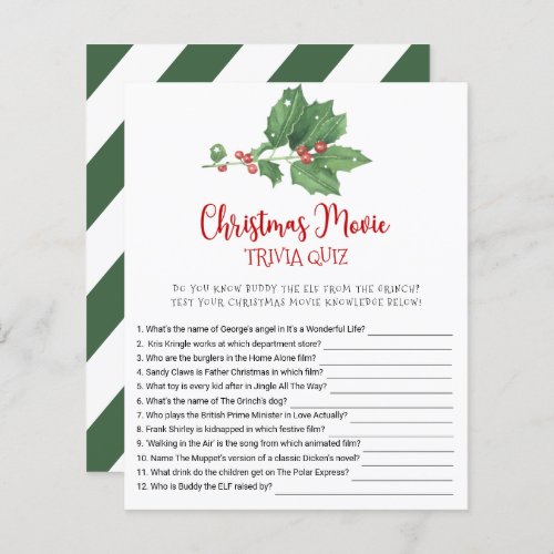 Holly Wreath Christmas Movie TRIVIA QUIZ Game Card
