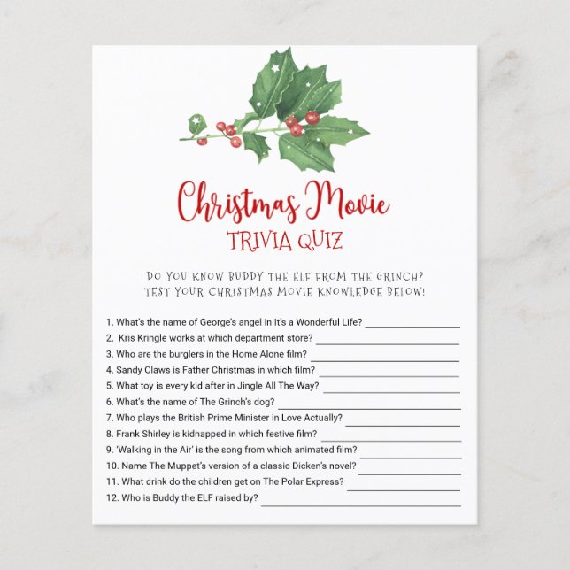 Holly Wreath Christmas Movie TRIVIA QUIZ Game Card Flyer (Front)