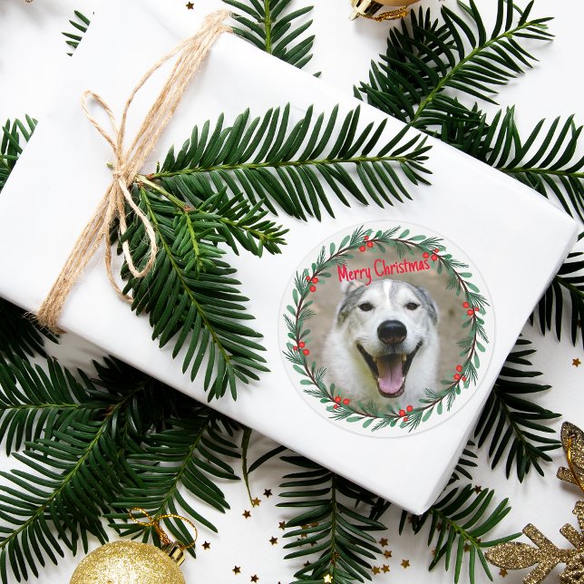 Holly Wreath Christmas Photo Classic Round Sticker (Dog stickers)