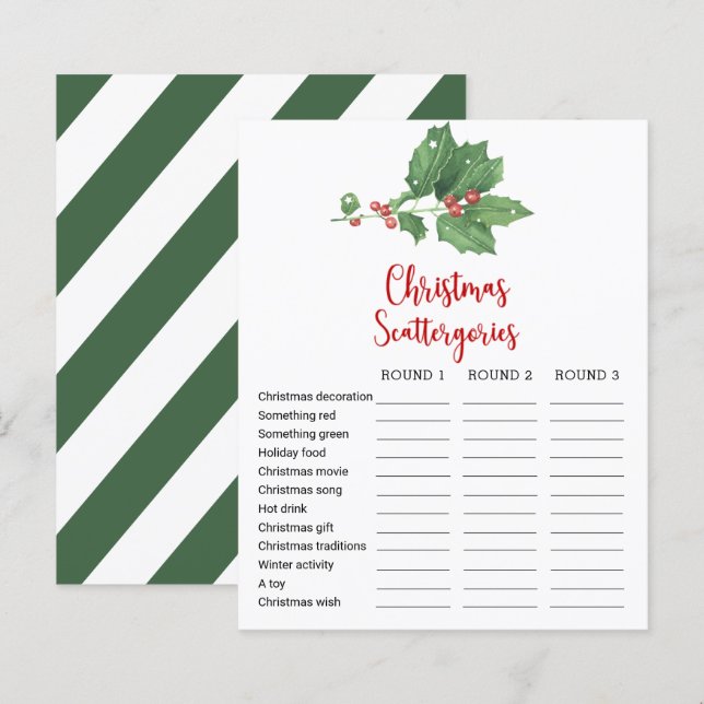 Holly Wreath Christmas Scattergories Game Card (Front/Back)