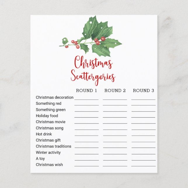 Holly Wreath Christmas Scattergories Game Card Flyer (Front)
