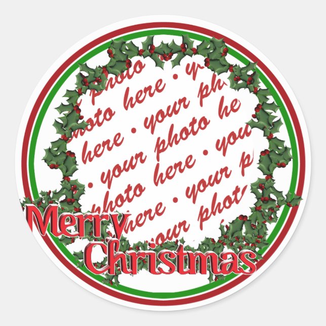 Holly Wreath Circle Photo Frame Classic Round Sticker (Front)