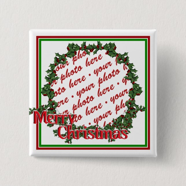 Holly Wreath Circle Photo Frame Pinback Button (Front)