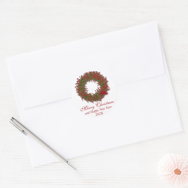 Holly Wreath Classic Round Sticker (Envelope)