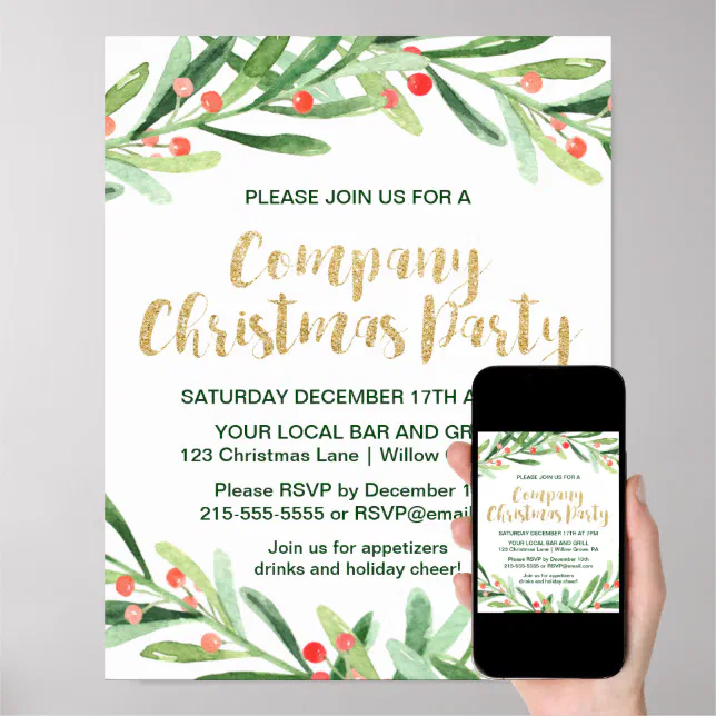 Holly Wreath Company Christmas Party Invitation Poster | Zazzle