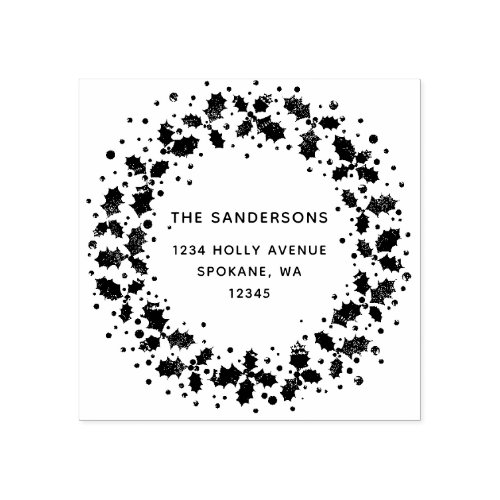 Holly Wreath Custom Family Name Return Address Rubber Stamp