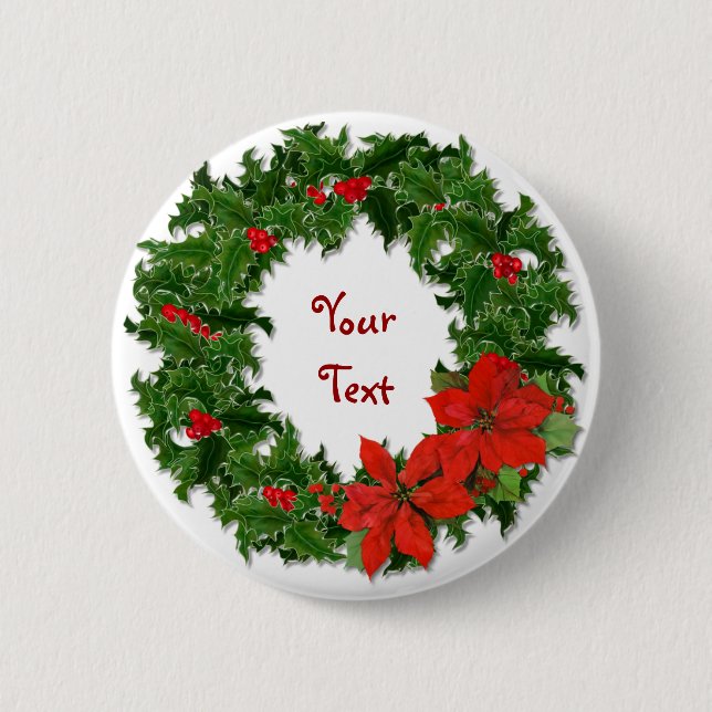Holly Wreath Customize Pinback Button (Front)